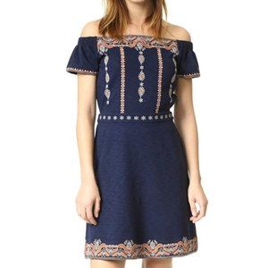 Tory Burch Nell Embroidered Navy Blue Off the Shoulder Fit and Flare Dress XS
